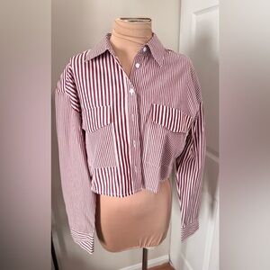 Women's Burgundy Cropped Striped Utility Shirt